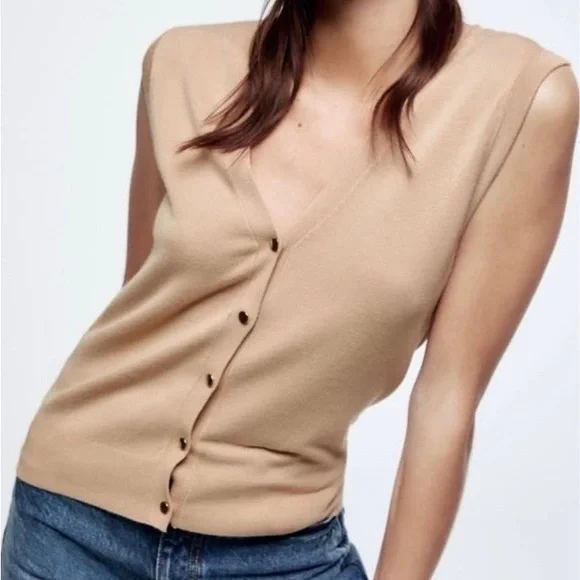 Zara Tan Knit Vest Size Medium NWT - Picture 3 of 7